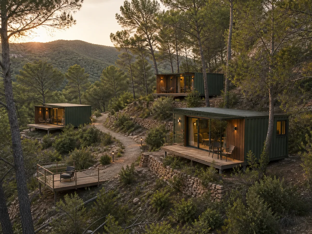 Visualización conceptual de una pequeña comunidad modular entre pinos y bancales de piedra