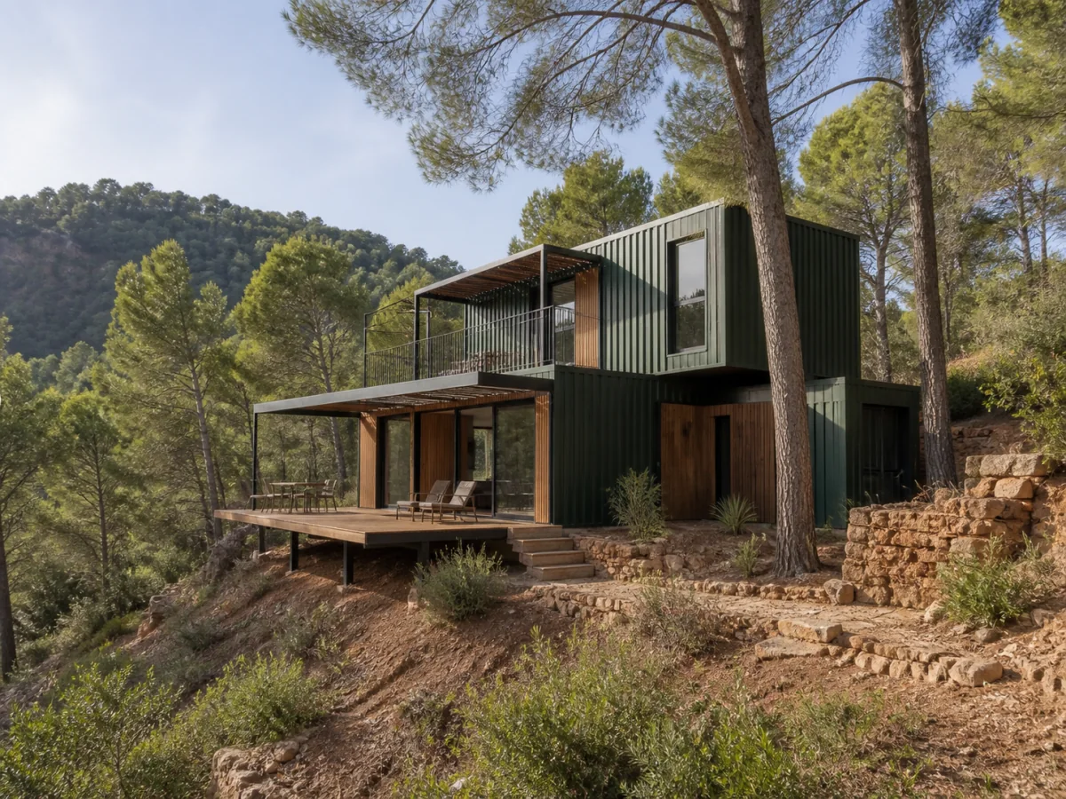 Visualización conceptual de una casa modular escalonada sobre una parcela arbolada en pendiente