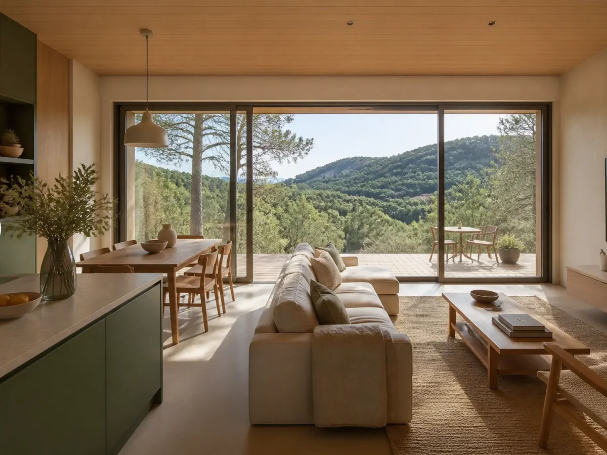 Visualización conceptual de un interior modular luminoso abierto al paisaje de pinos